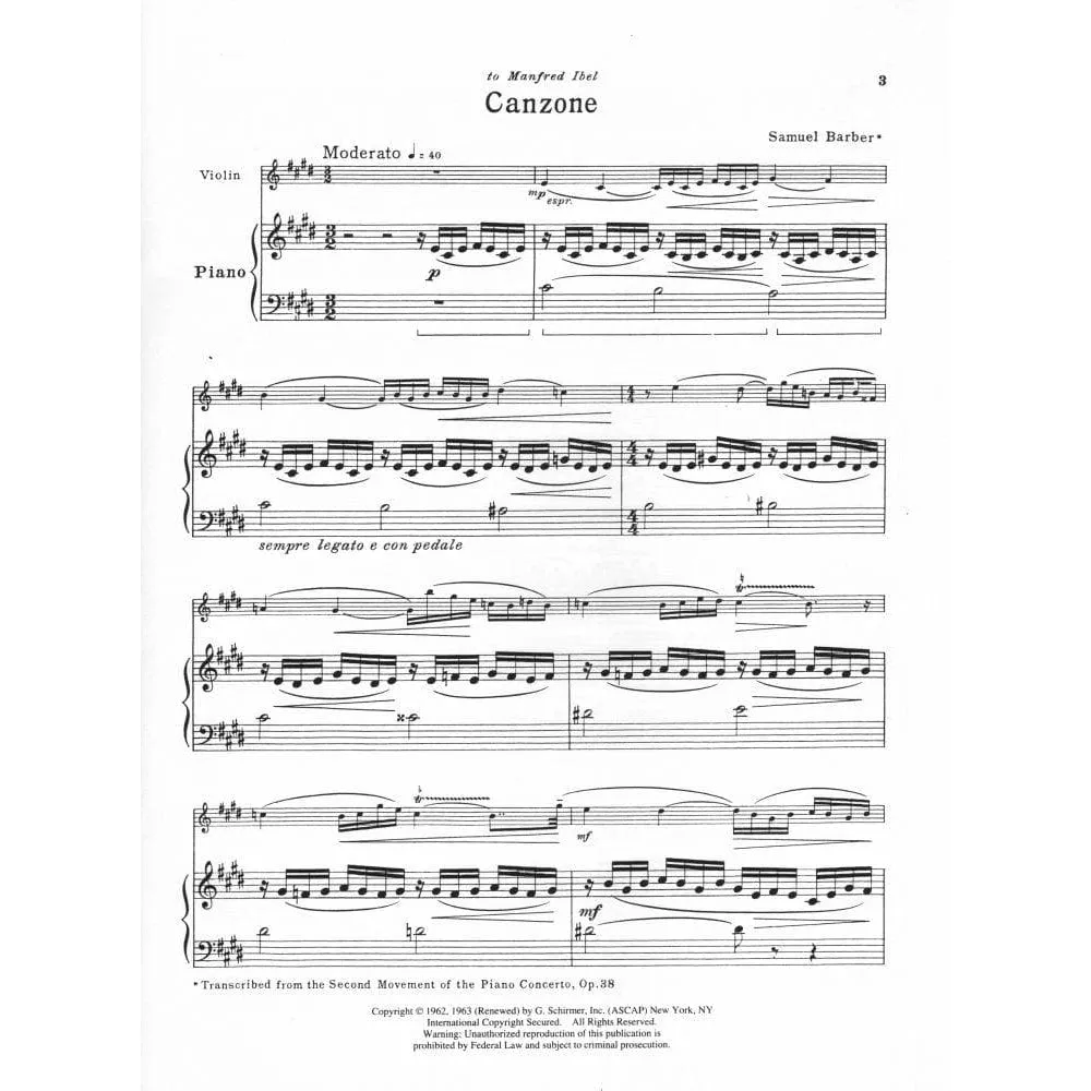 Shar Music Barber Canzone Op 38a Noten Violine Klavier