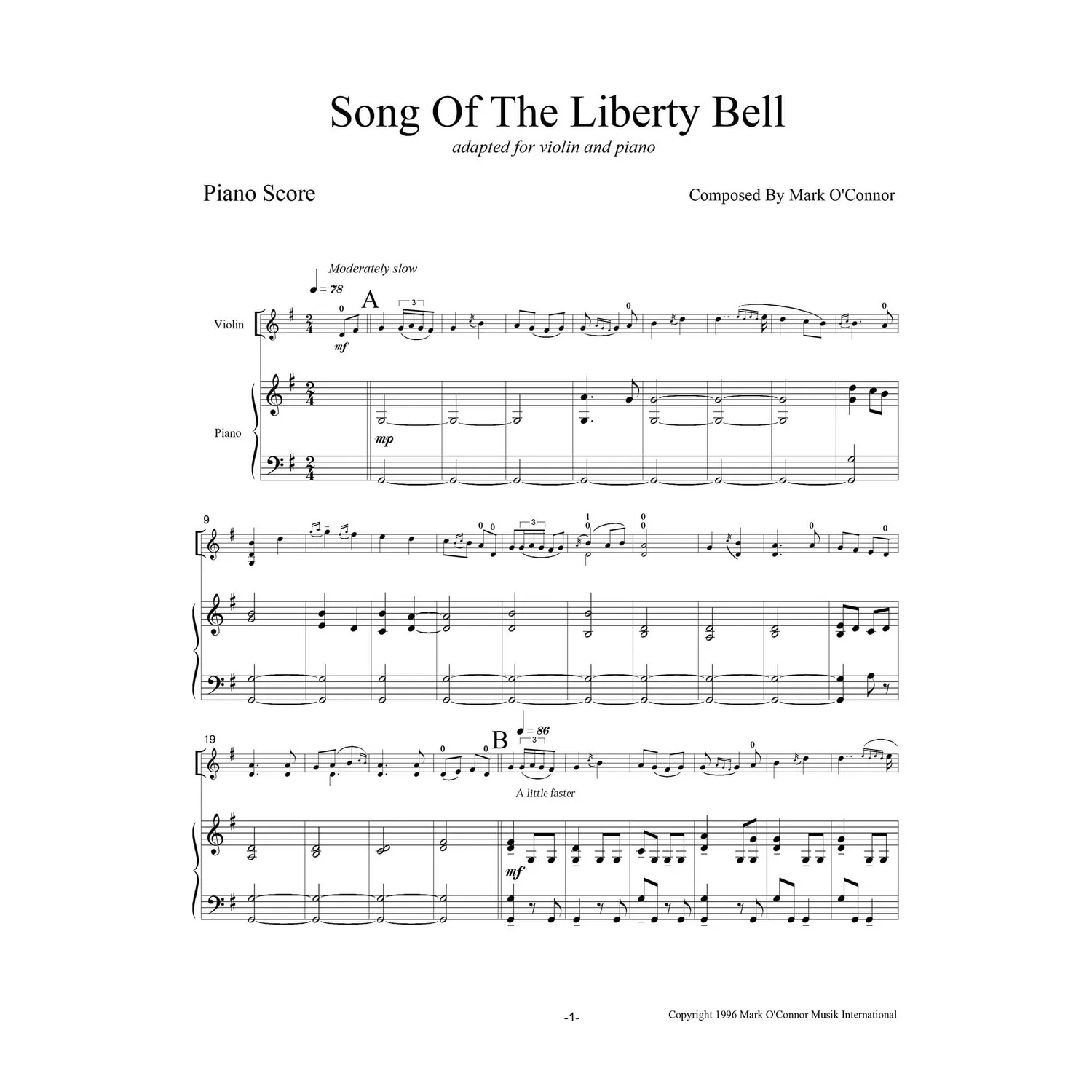 Shar Music O'Connor Song of the Liberty Bell Noten Violine Download