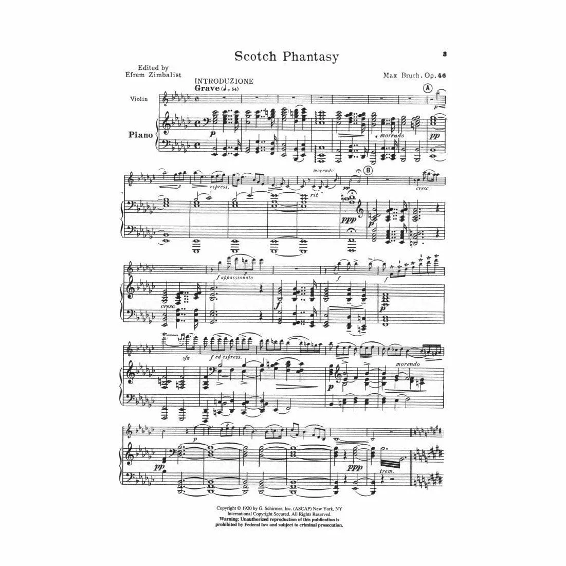 G. Schirmer Bruch Scottish Fantasy Op 46 Violinnoten Zimbalist