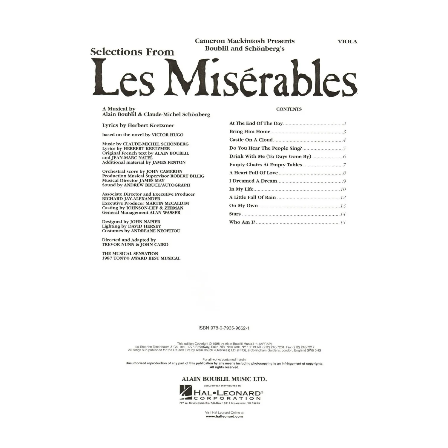 Hal Leonard Les Misérables Bratschenoten Viola 13 Songs