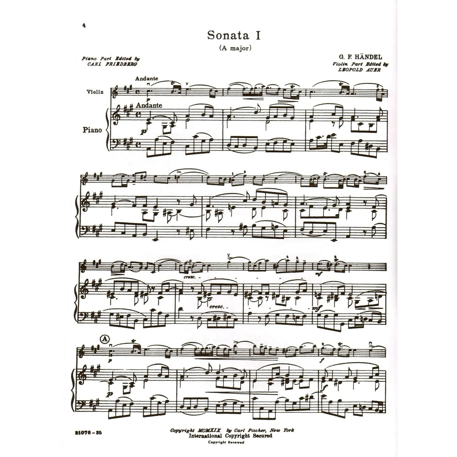 Carl Fischer Händel 6 Sonaten Noten Violine Klavier Auer