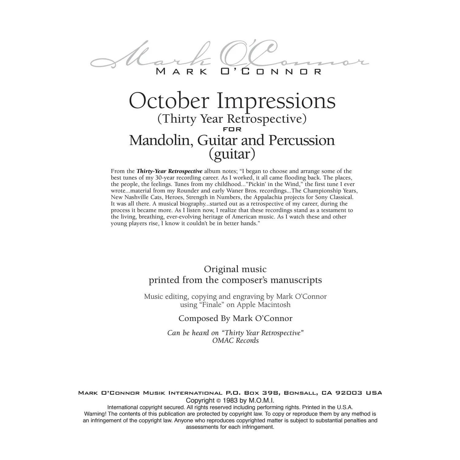 Shar Music Mark O'Connor October Impressions Noten Gitarre Download