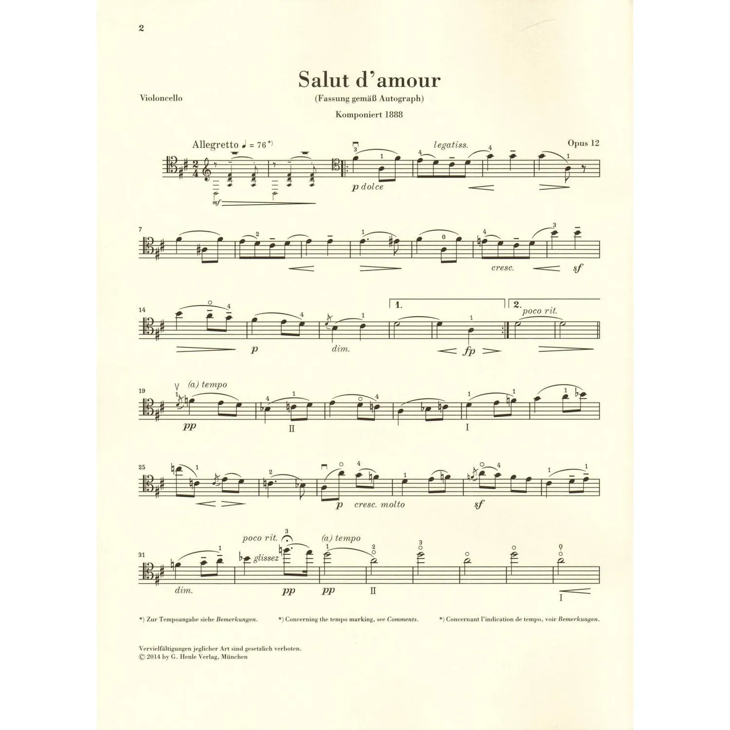 Henle Elgar Salut d'amour Op 12 Noten Cello Klavier