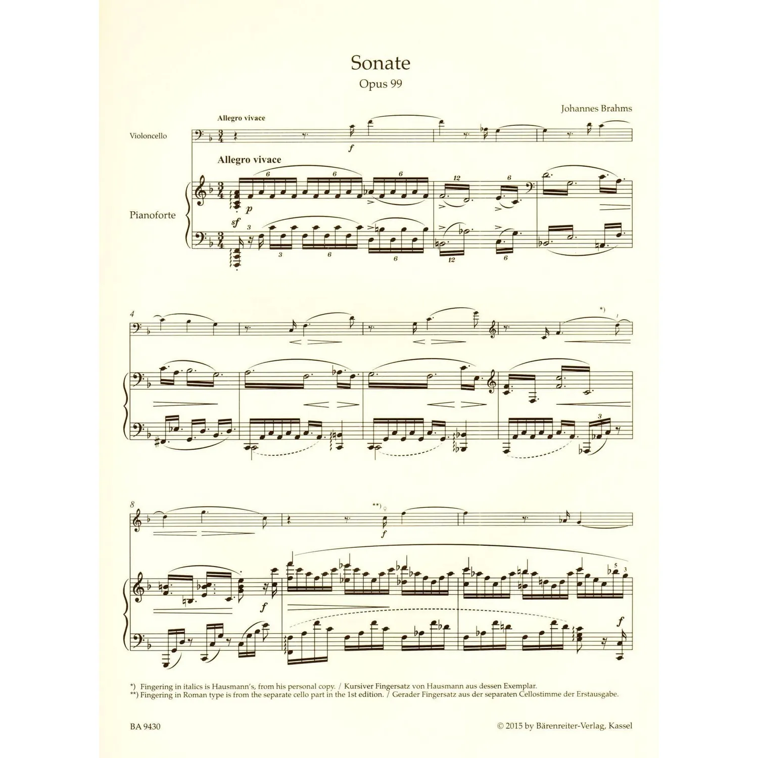 Brahms Cellosonate F-Dur op 99 Noten Bärenreiter Urtext