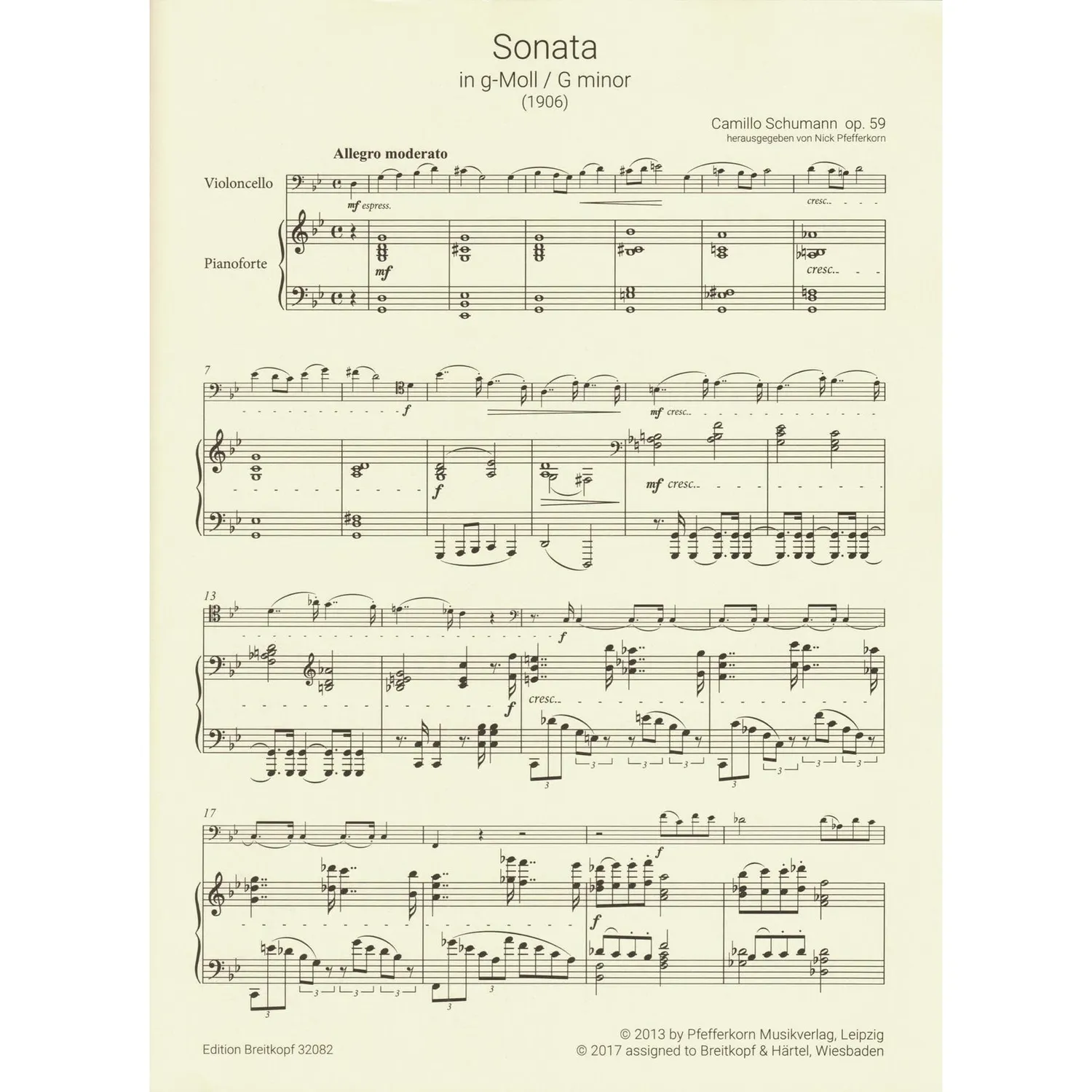 Breitkopf Camillo Schumann Sonate g-moll op.59 Cello Noten