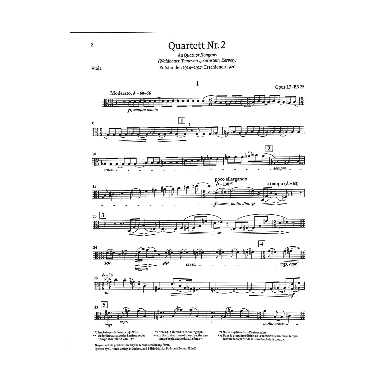 Henle Bartók Quartett Nr. 2 op. 17 Noten Streichquartett