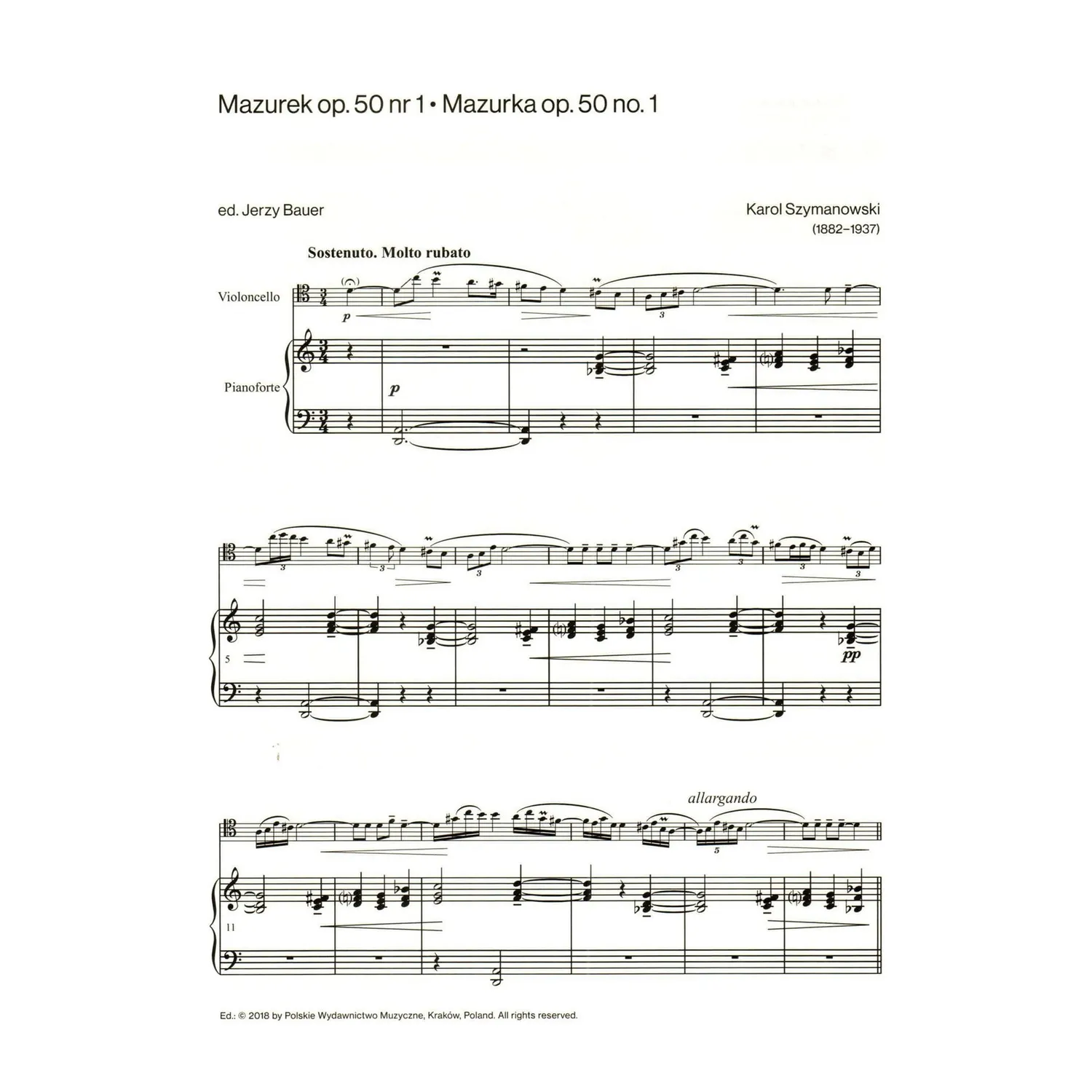 PWM Szymanowski Mazurkas Op.50 Cello Klavier Noten
