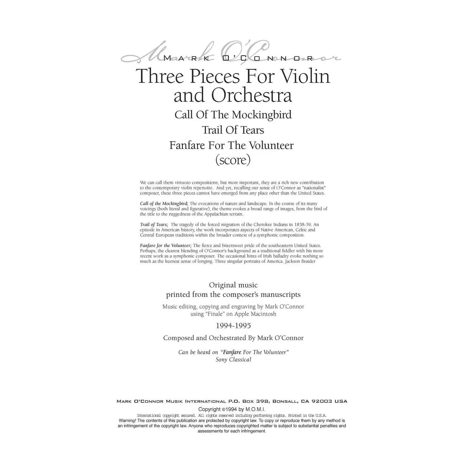 Shar Music OConnor Three Pieces Partitur Download