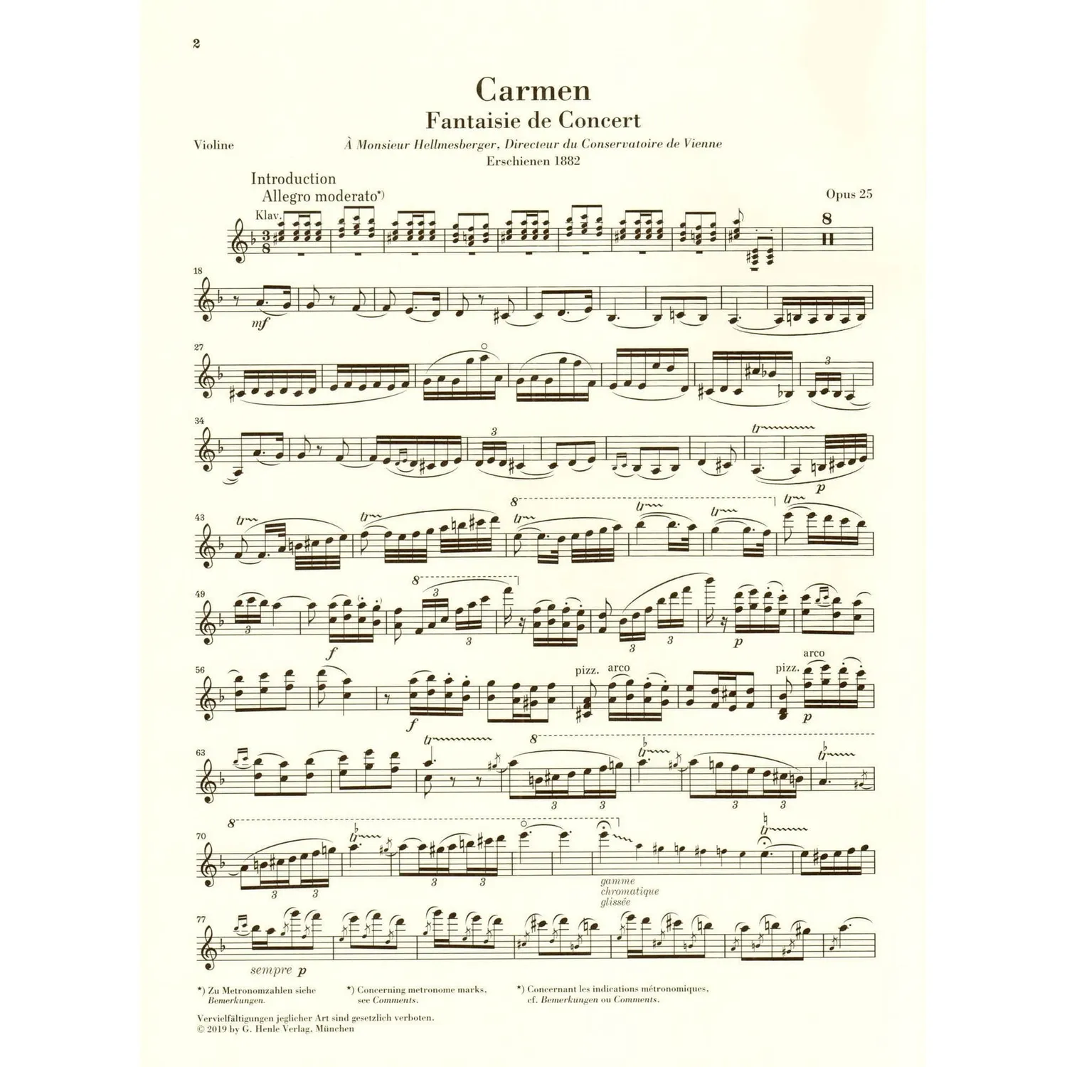 Shar Music Sarasate Carmen Fantasy Op. 25 Violinnoten Henle Urtext