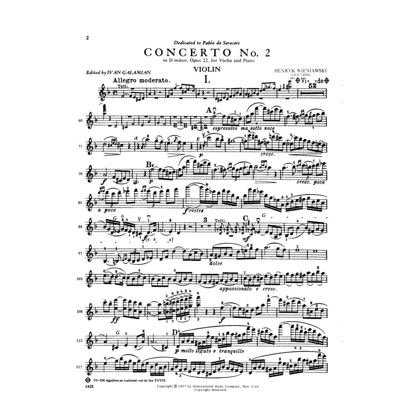 Wieniawski Konzert Nr. 2 d-Moll Violine Noten Galamian