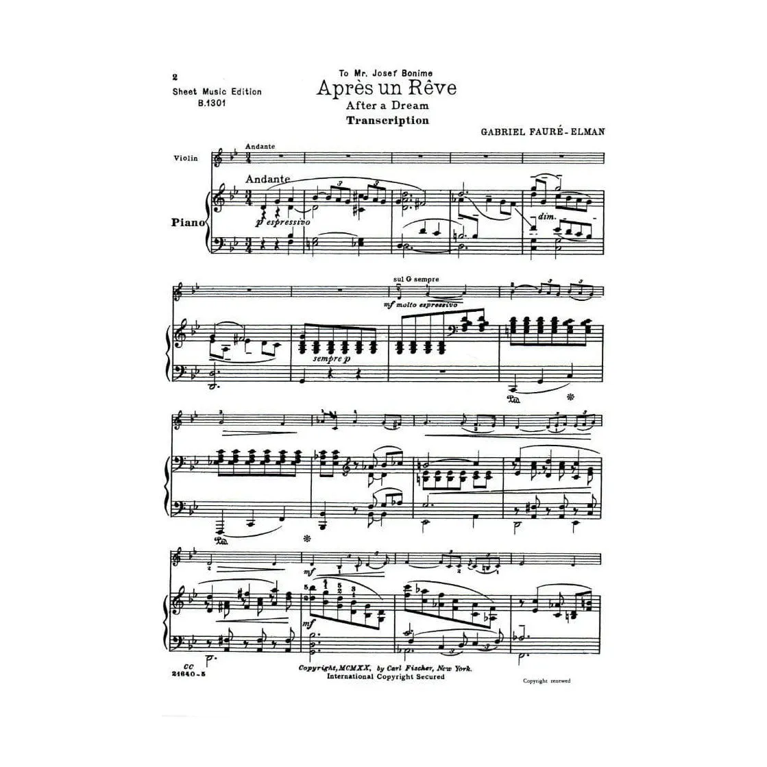 Carl Fischer Fauré Après un Rêve Violine Klavier Elman Noten