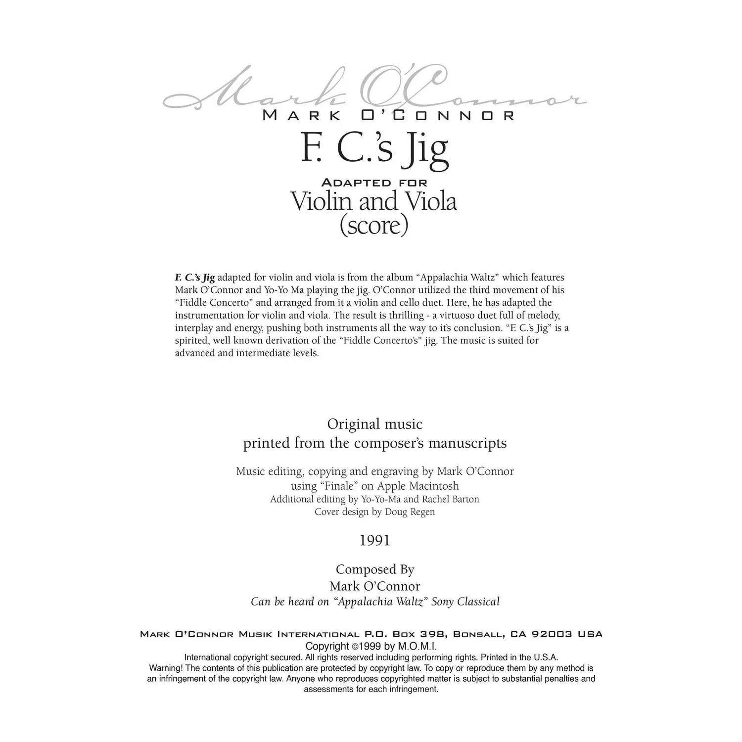 Mark O'Connor F.C.'s Jig Violine Viola Duo Noten Download