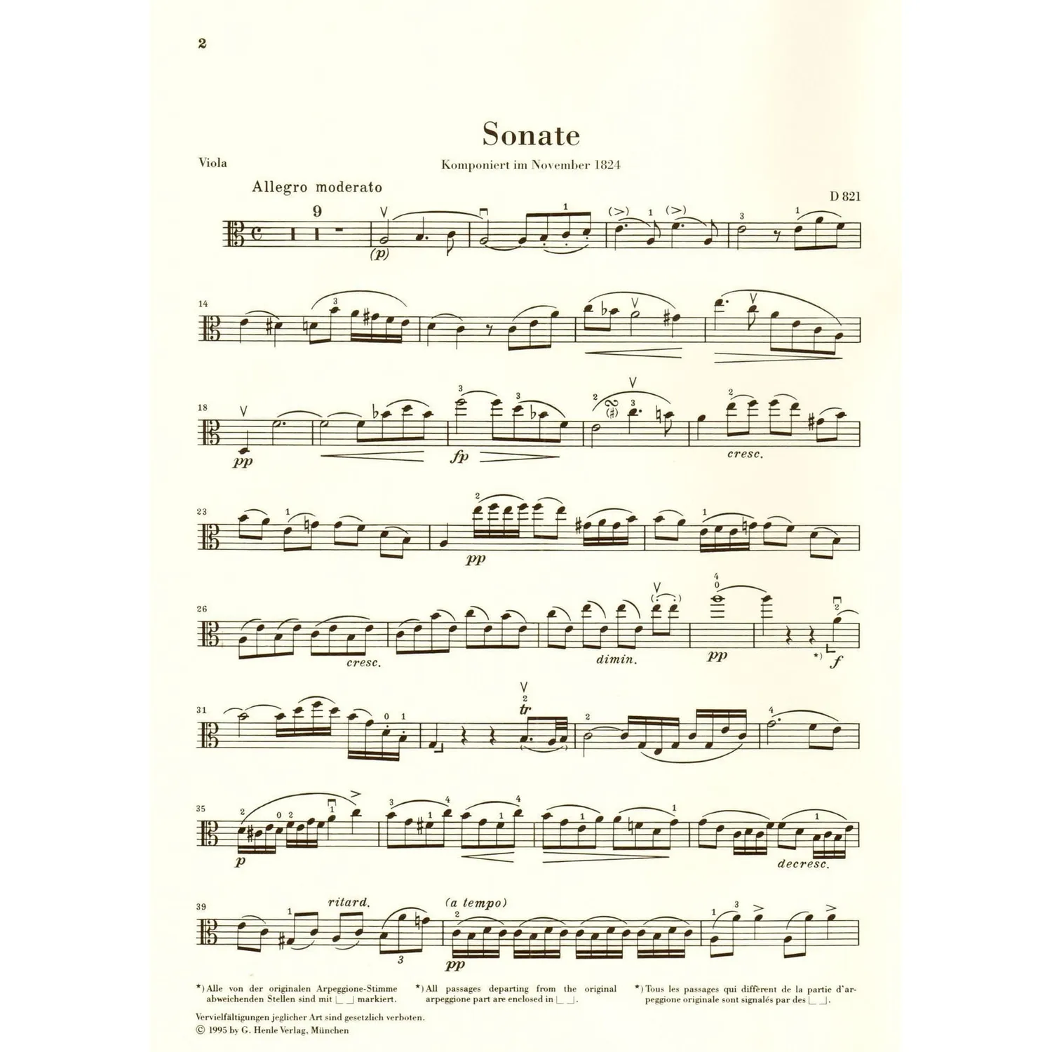 Henle Schubert Arpeggione-Sonate D 821 Noten Viola Klavier Urtext