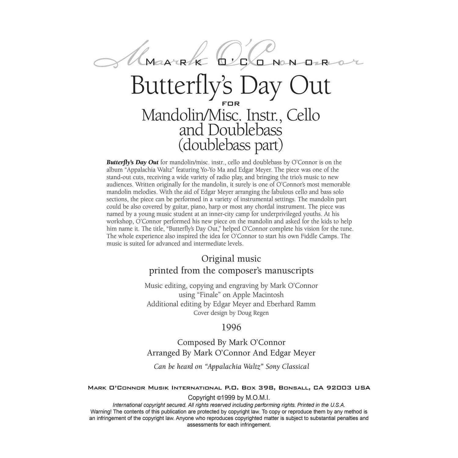 Shar Music O'Connor Butterfly's Day Out Noten Kontrabass Download