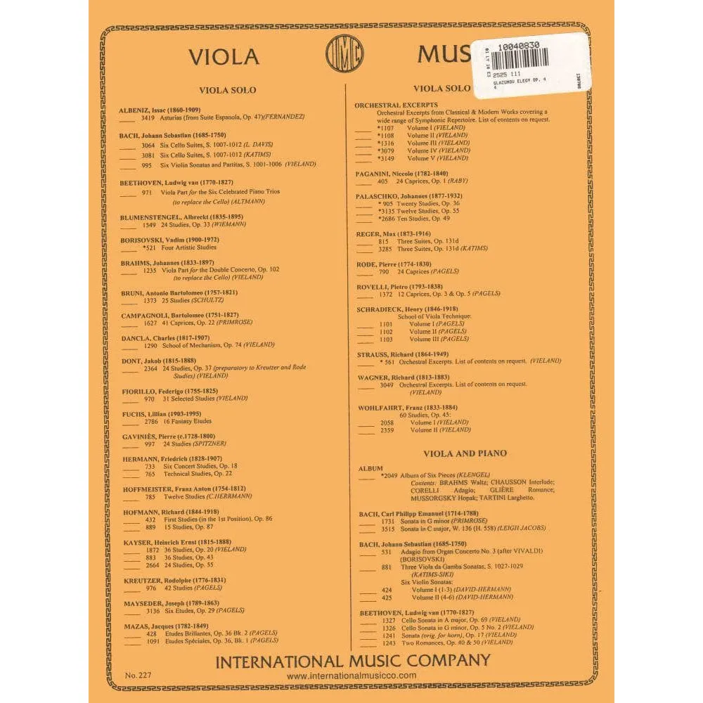International Glazunov Elegy Op. 44 Noten Bratsche Klavier Vieland