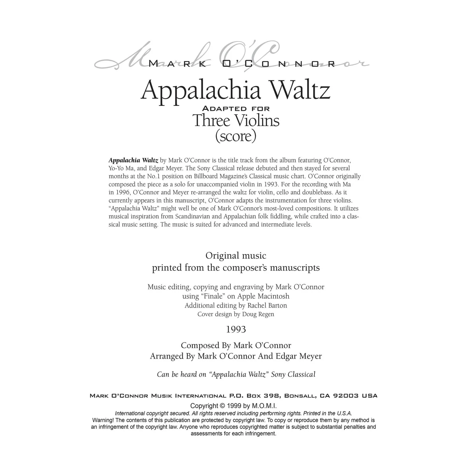 Shar Music O'Connor Appalachia Waltz Noten 3 Violinen Download