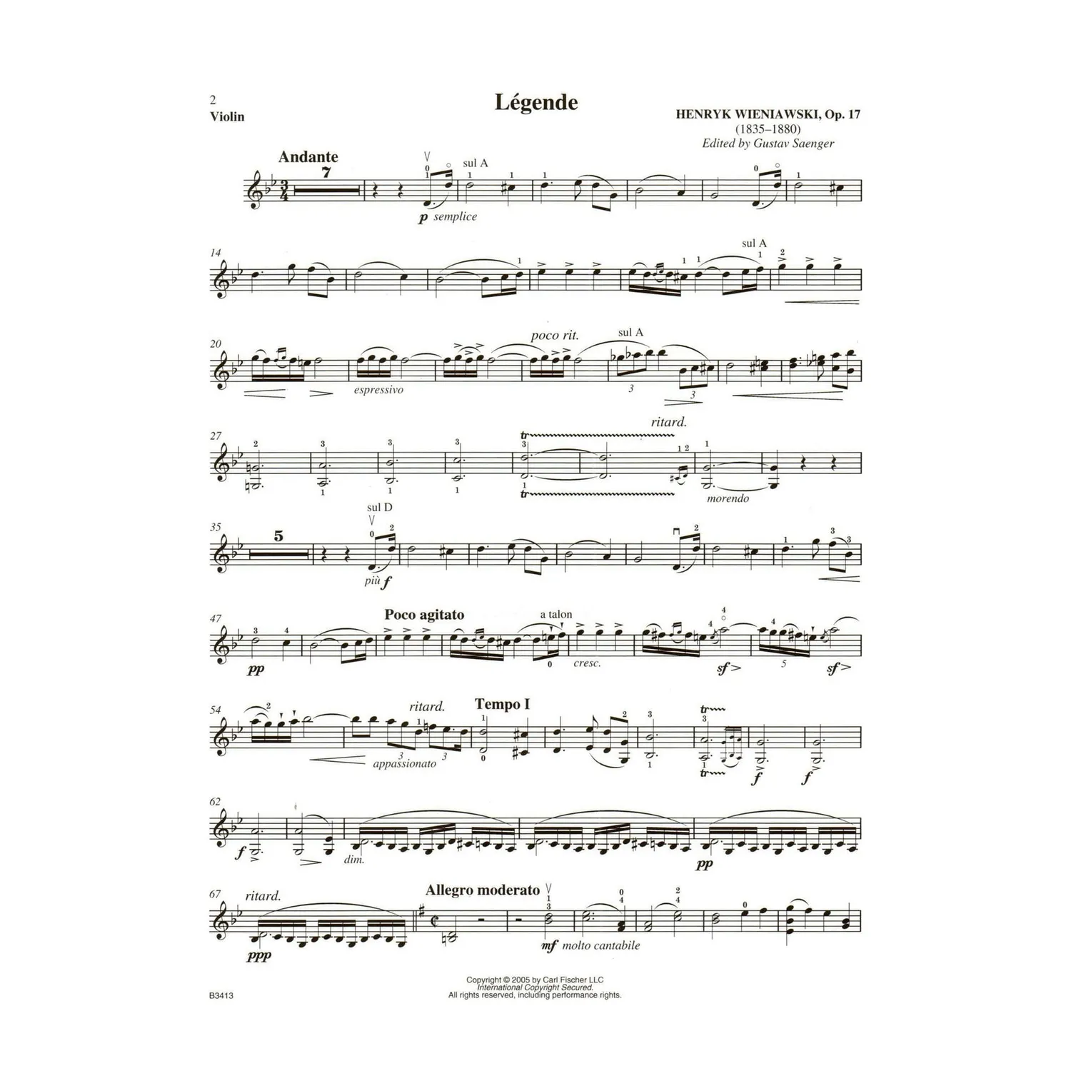 Carl Fischer Wieniawski Legende Op. 17 Violinnoten Audio