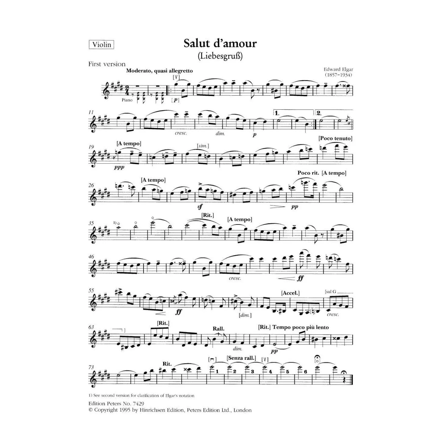 Peters Salut d'amour Op. 12 Violinenoten Violine Klavier Urtext