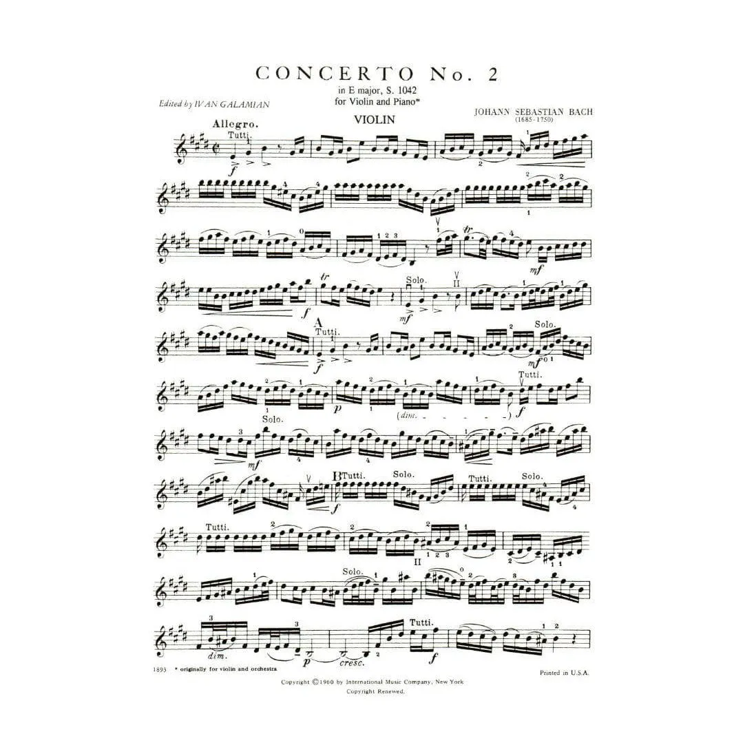 Shar Music Bach Konzert Nr. 2 E-Dur BWV 1042 Violinnoten Galamian