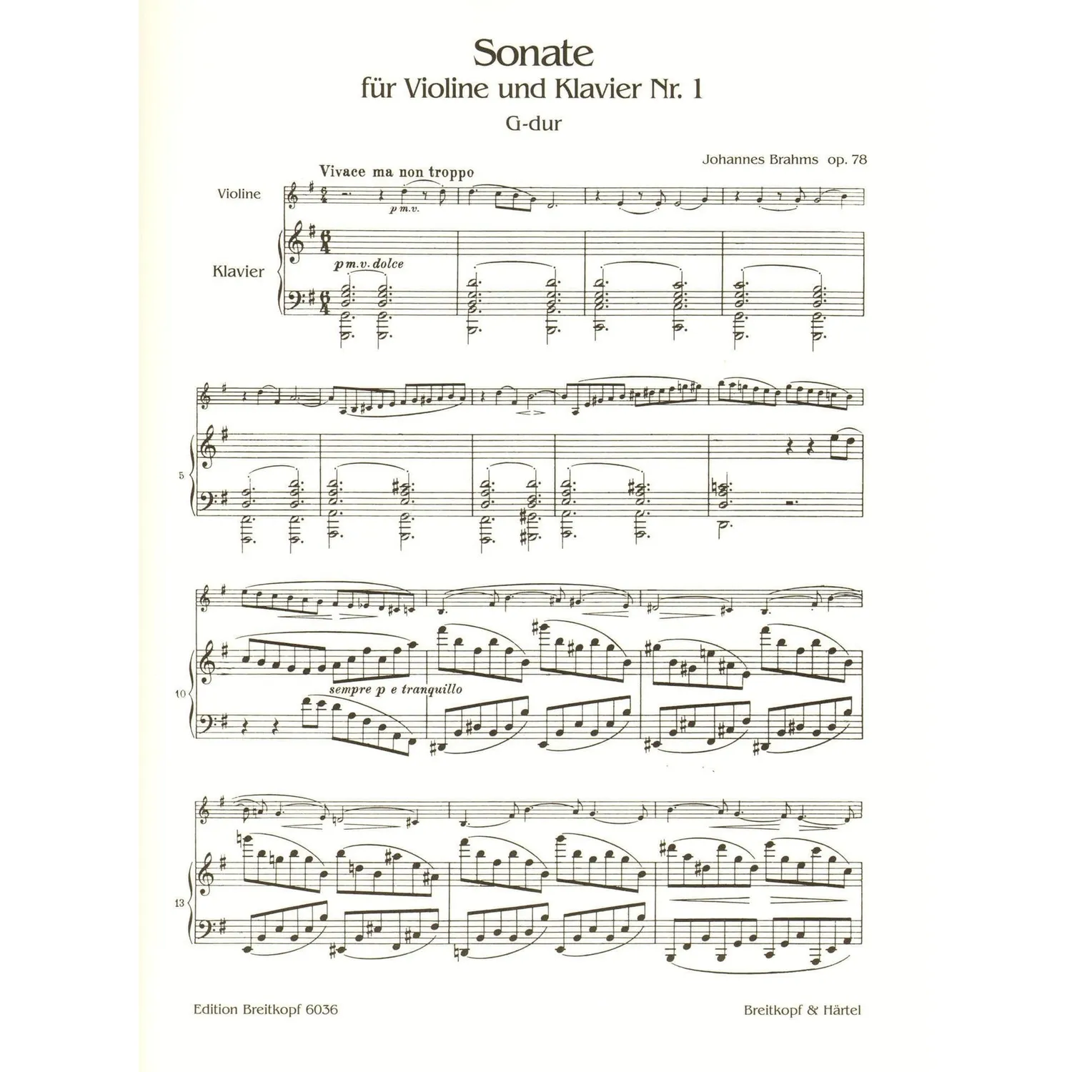 Breitkopf Brahms Sonate Nr.1 G-Dur op.78 Noten Violine Klavier