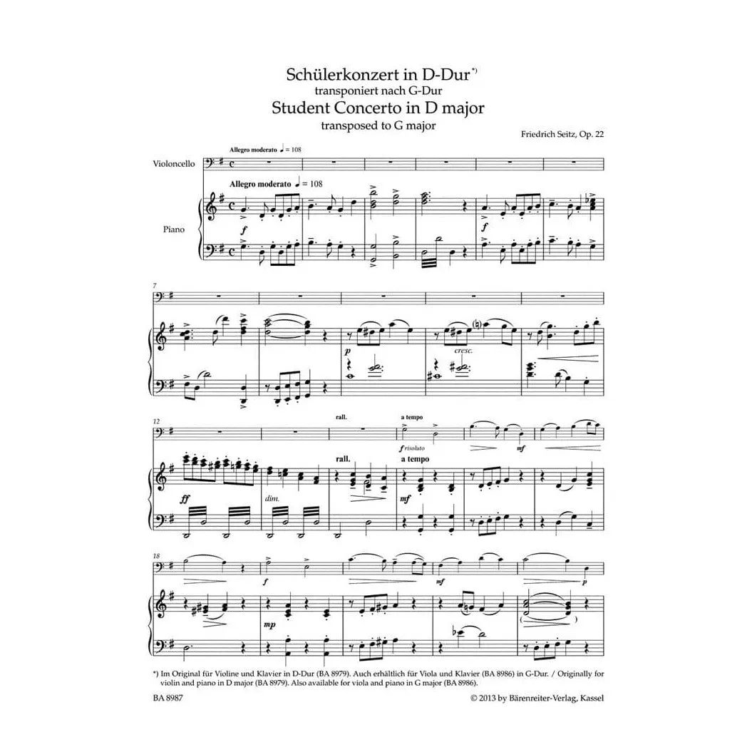 Bärenreiter Seitz Schülerkonzert D-Dur op. 22 Noten Cello