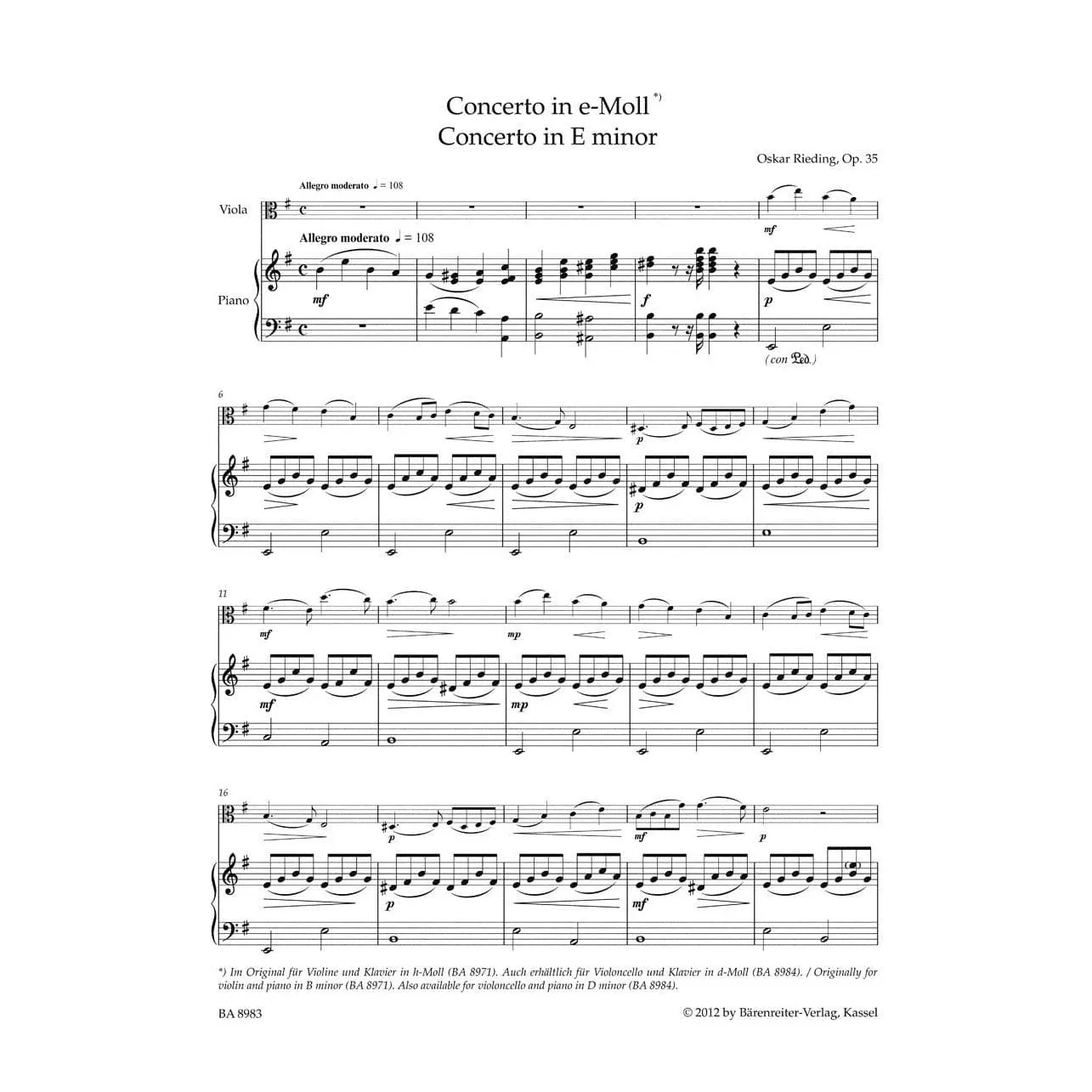 Bärenreiter Rieding Concerto h-Moll Op 35 Noten Viola Klavier