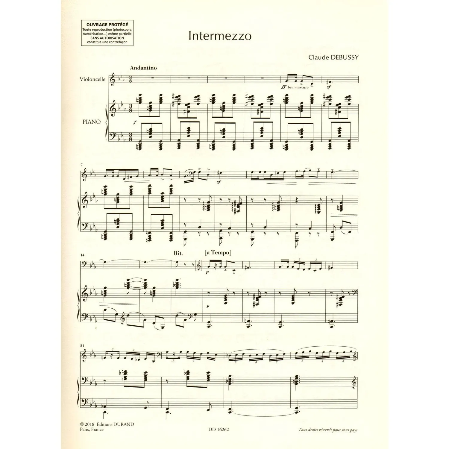 Debussy Intermezzo Noten Cello Klavier Durand