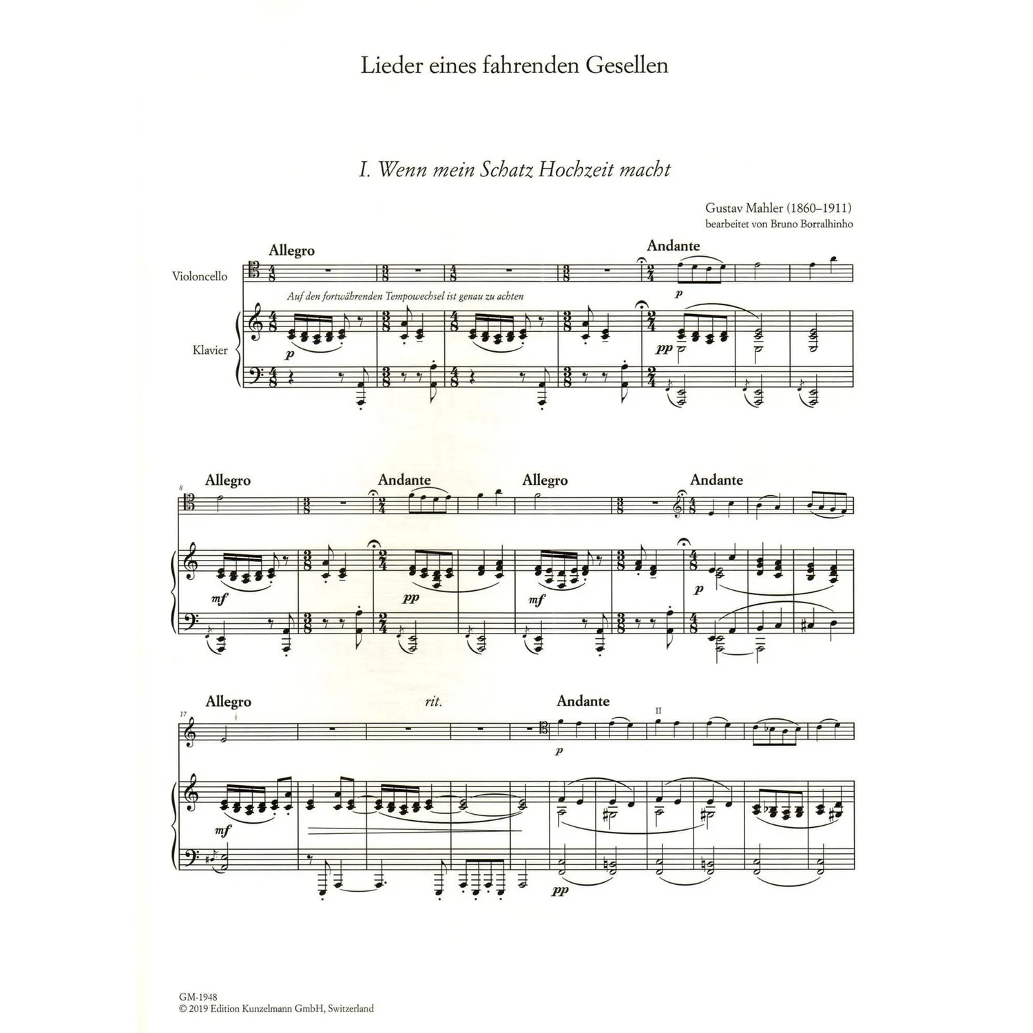 Kunzelmann Mahler Lieder fahrenden Gesellen Noten Cello Klavier