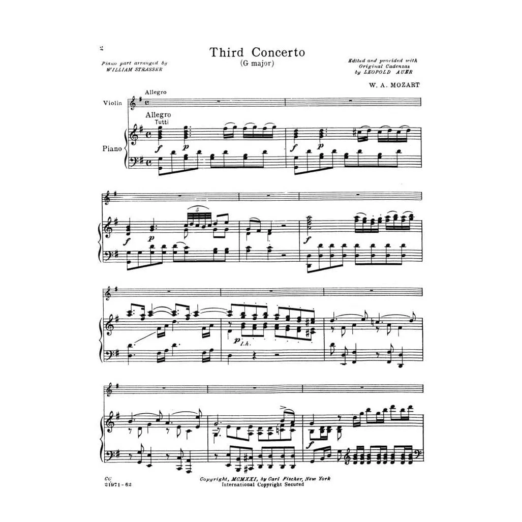 Carl Fischer Mozart Konzert Nr.3 G-Dur K216 Noten Violine