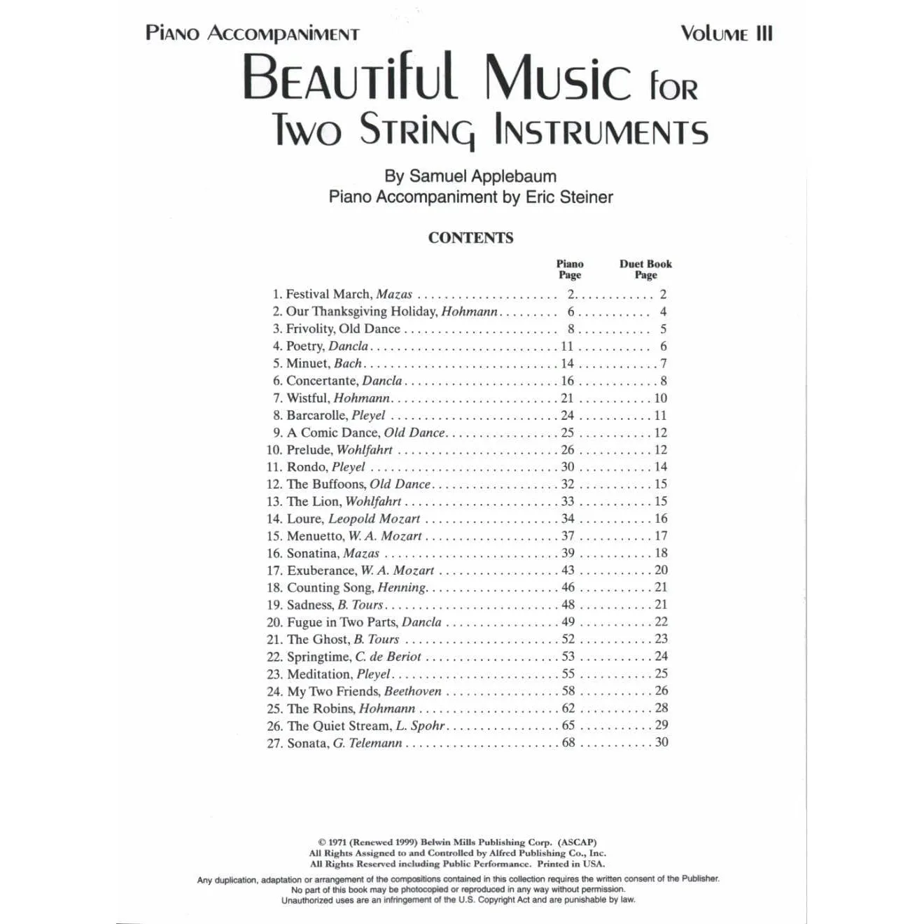 Applebaum Beautiful Music Volume 3 Noten Klavierbegleitung Duett