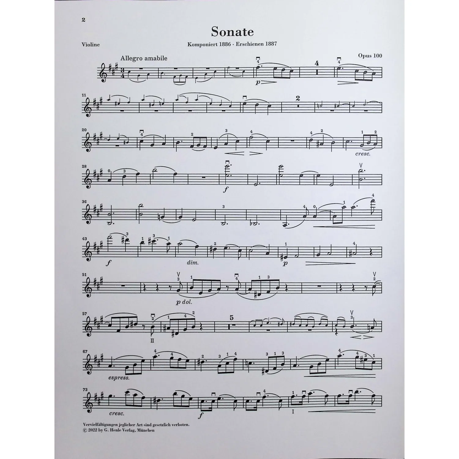 Henle Brahms Sonate A-Dur op. 100 Noten Violine Klavier