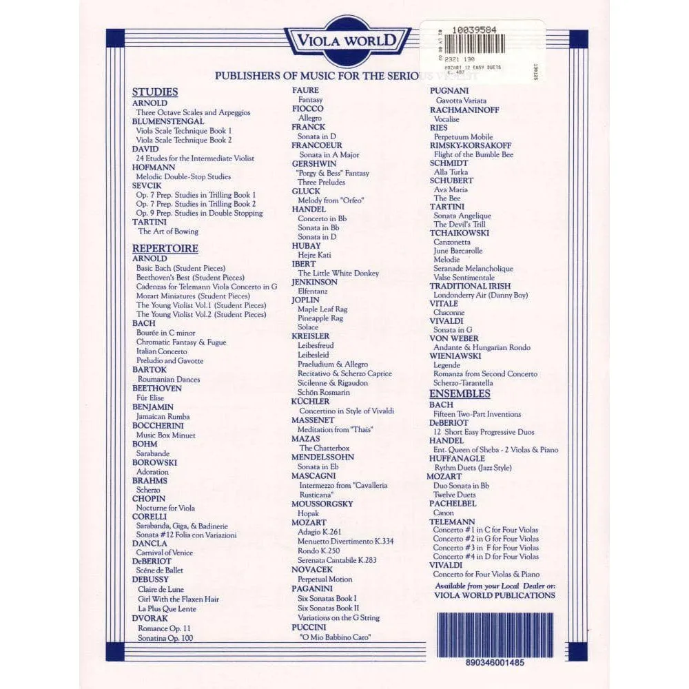 Shar Music Mozart 12 Easy Duets K 487 Noten zwei Bratschen
