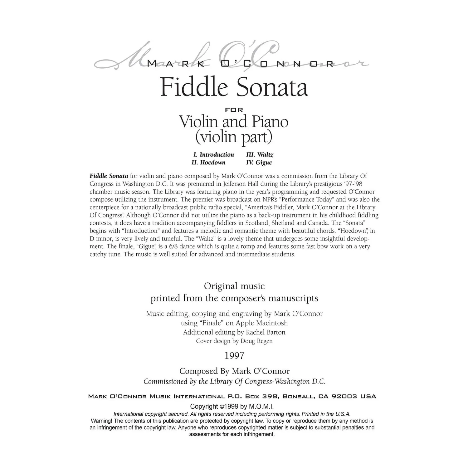 Mark O'Connor Fiddle Sonata Noten Violine Klavier Download