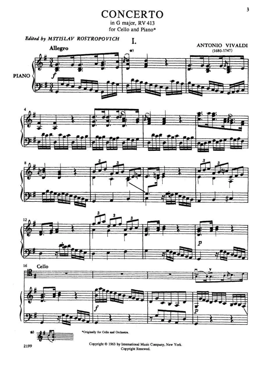 International Vivaldi Konzert G-Dur RV 413 Cello-Noten