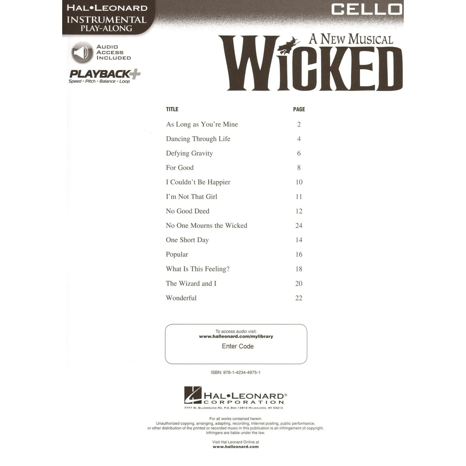 Hal Leonard Wicked Cello Noten Play-Along 13 Songs Audio