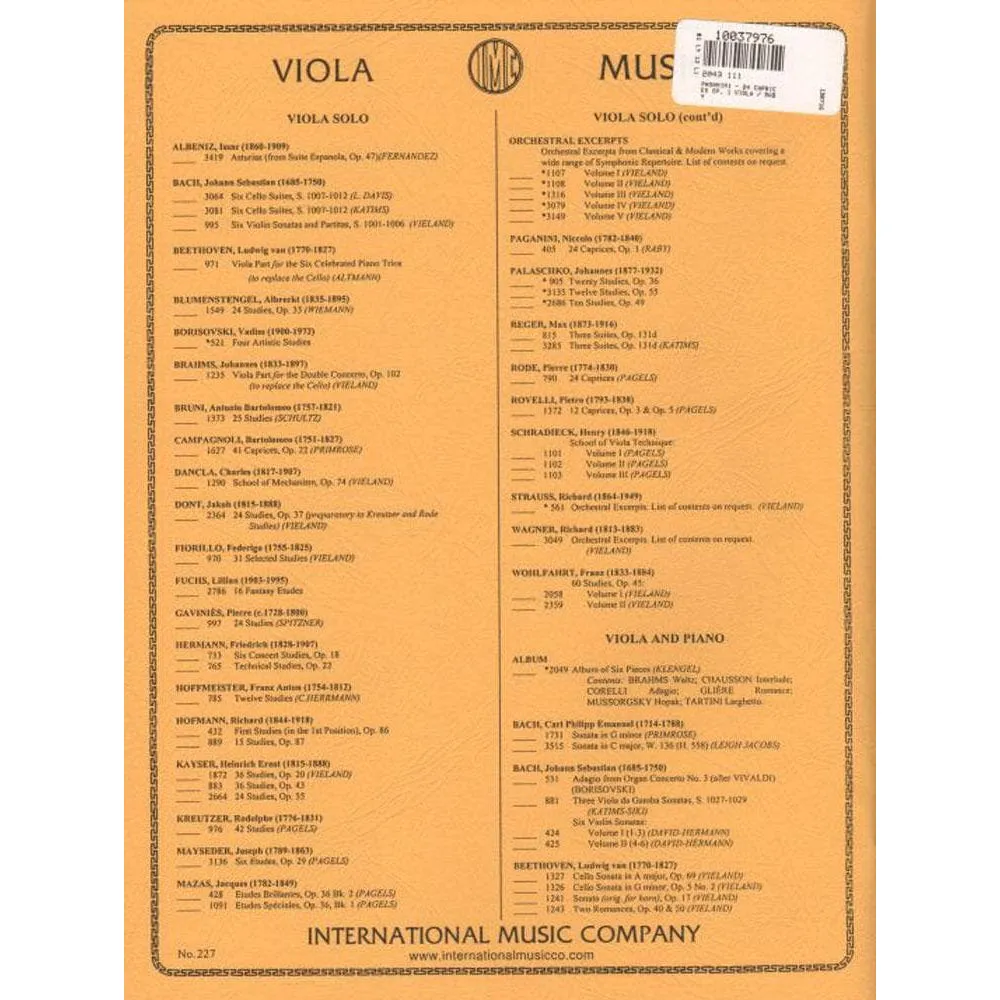 Shar Music Paganini 24 Capricen Op.1 Bratschennoten Viola solo