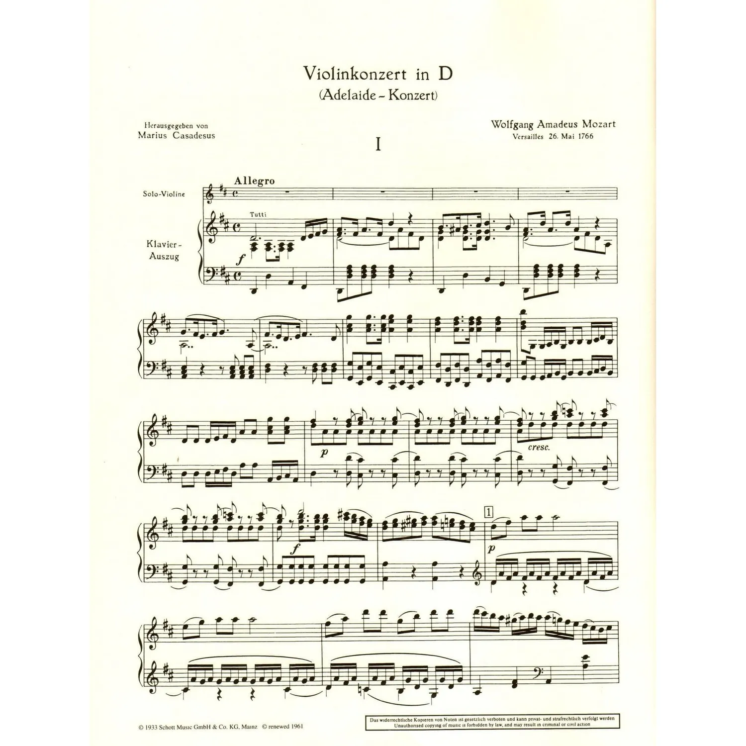 Schott Mozart Konzert D-Dur K 294a Adelaide Noten Violine Klavier