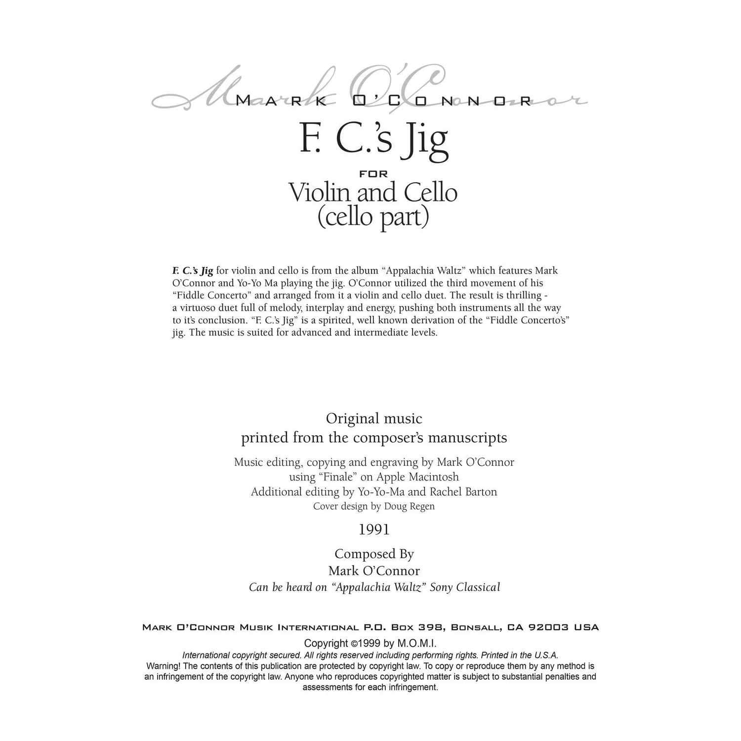 Mark O'Connor F.C.'s Jig Cello Noten Download