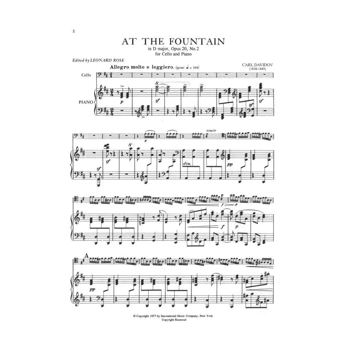 Davidoff At the Fountain Op. 20 Nr. 2 Noten Cello Klavier
