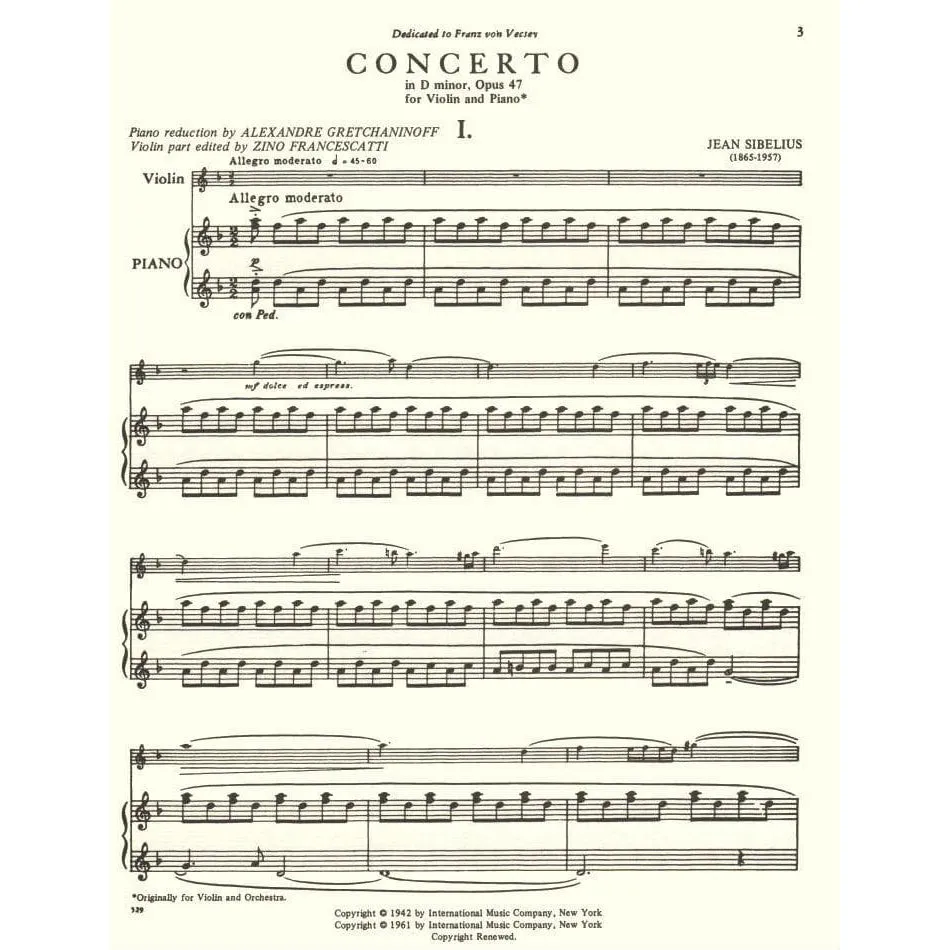 International Sibelius Op.47 Violinkonzert Noten Violine Klavier