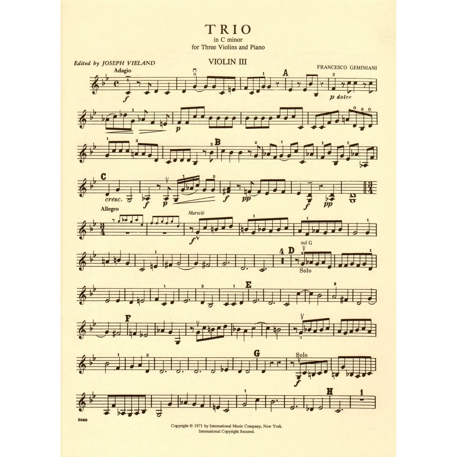 Geminiani Trio c-moll Noten 3 Violinen Klavier International