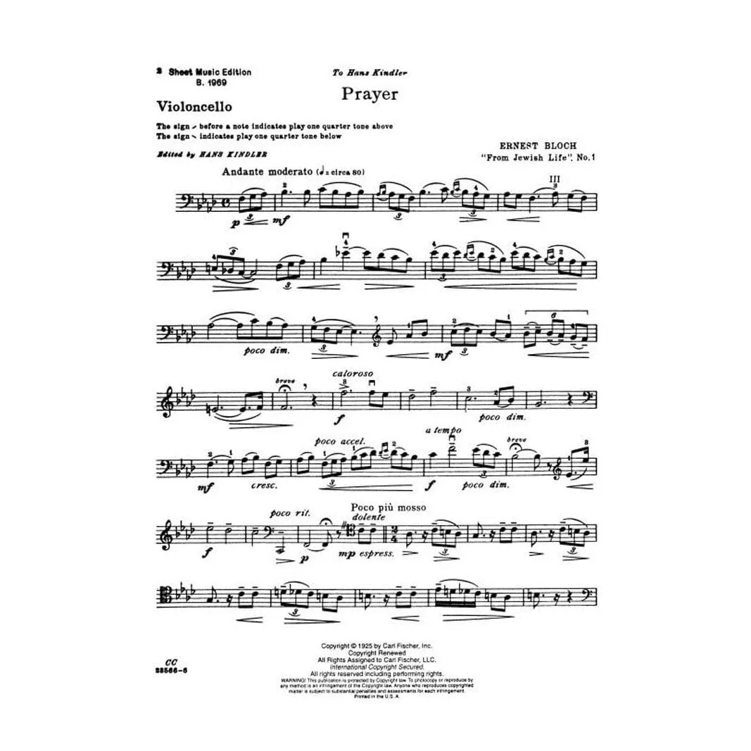 Bloch Prayer Jewish Life Nr.1 Cellonoten Cello Klavier