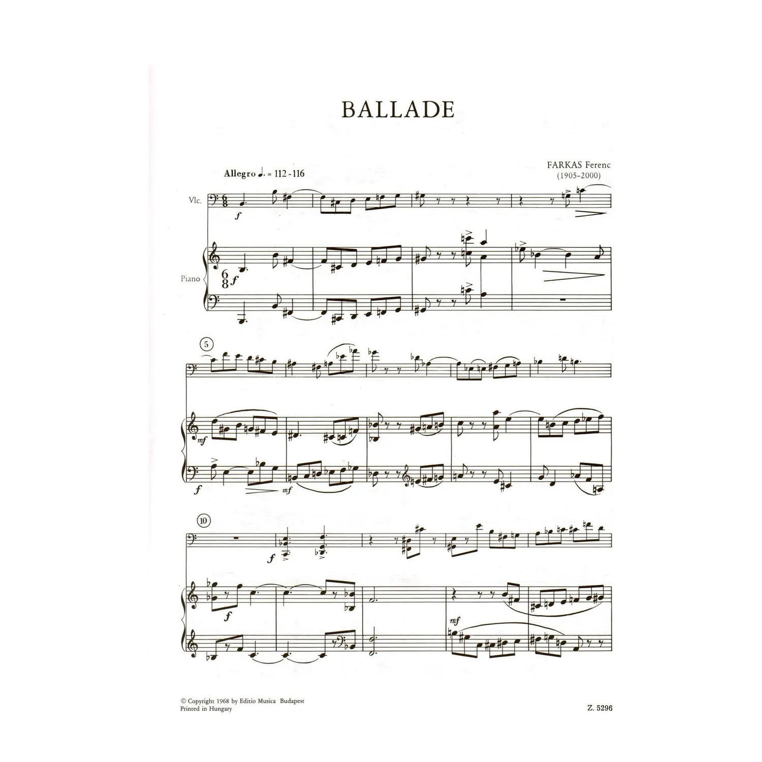 Ferenc Farkas Ballade Cello Klavier Noten Budapest