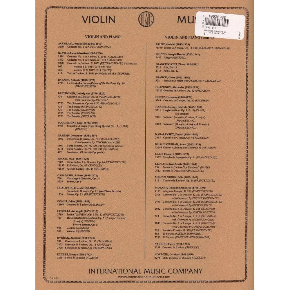 International Paganini Konzert Nr.1 D-Dur op.6 Noten Violine