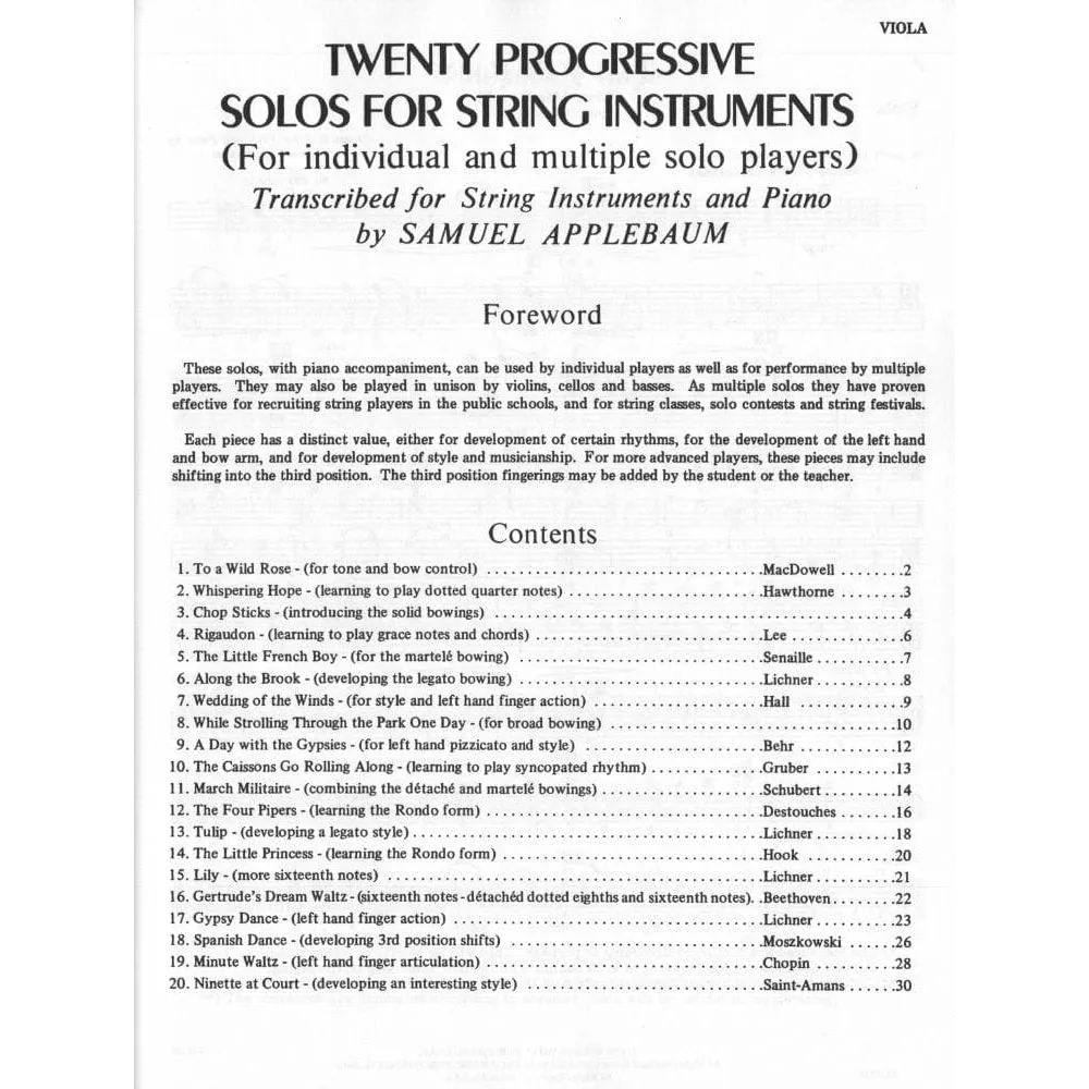Applebaum 20 Progressive Solos Noten für Bratsche Anfänger