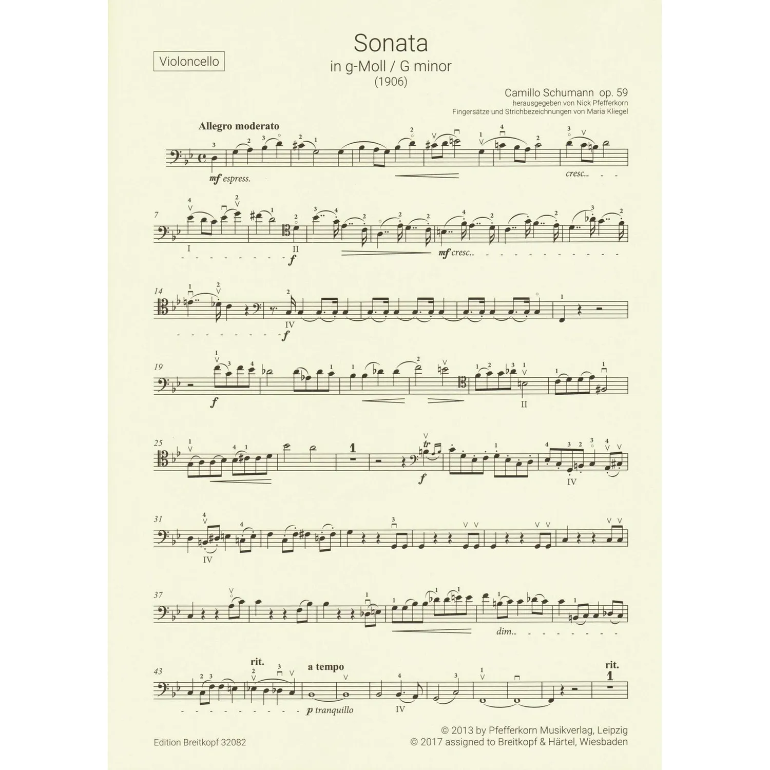Breitkopf Camillo Schumann Sonate g-moll op.59 Cello Noten