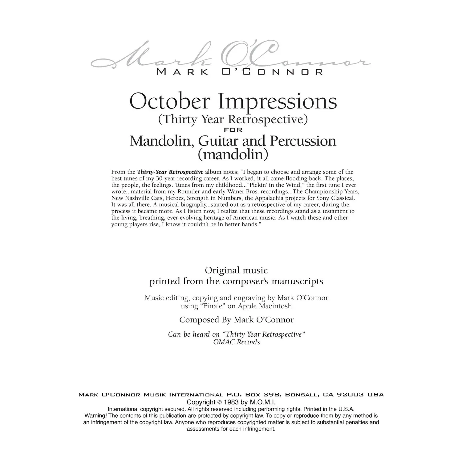 Shar Music O'Connor October Impressions Noten Mandoline Download