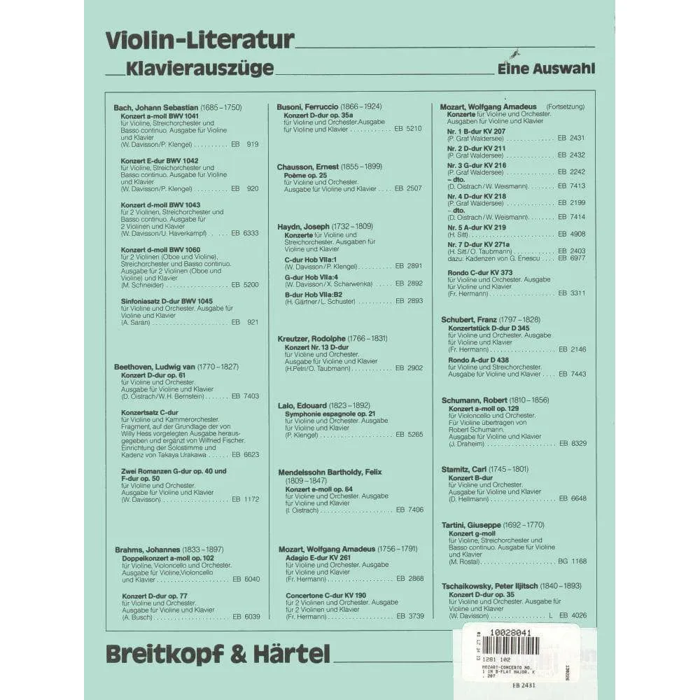 Breitkopf Mozart Konzert Nr. 1 B-Dur K 207 Violinenoten