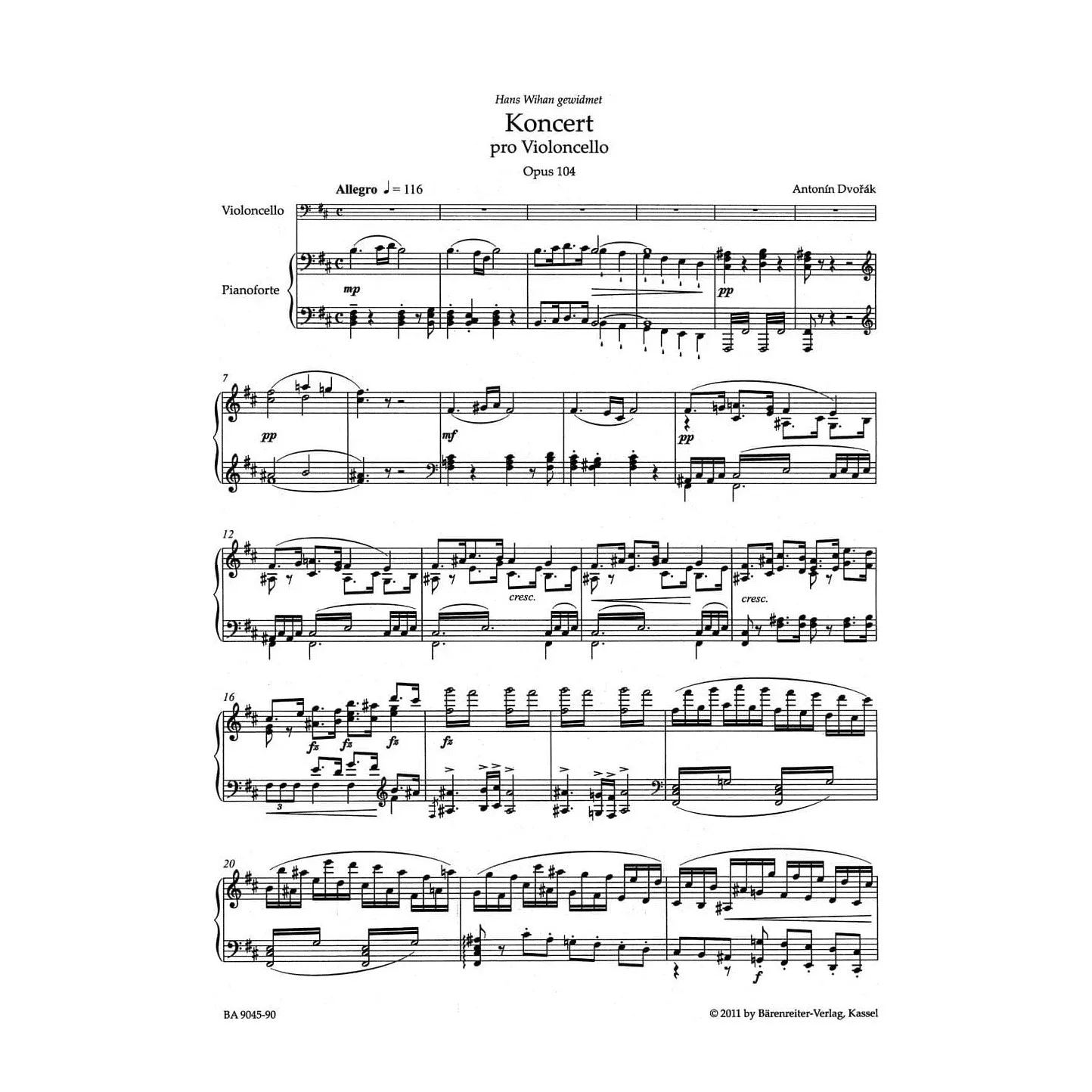 Shar Music Dvorak Cellokonzert Op.104 Noten Cello Klavier