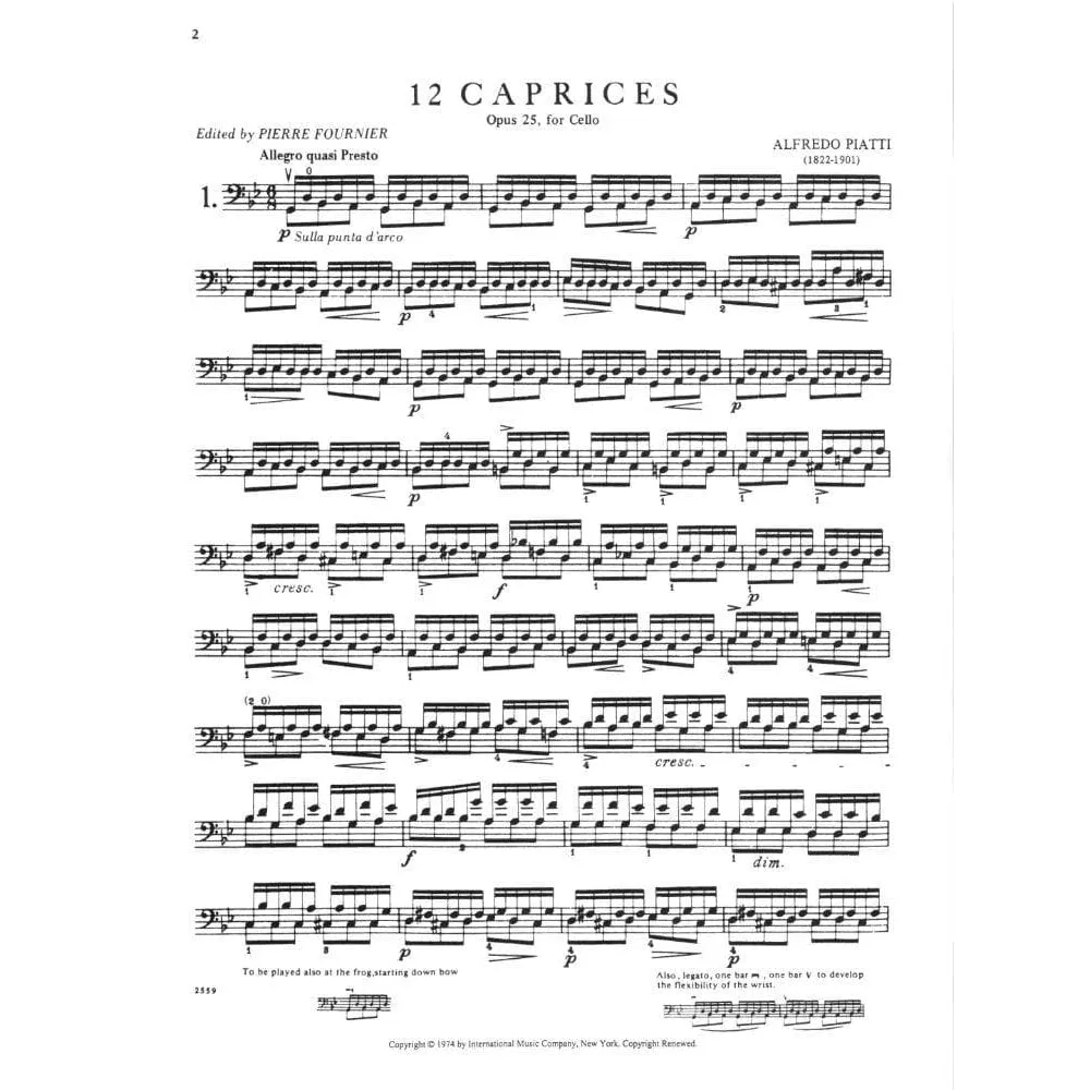 Shar Music Piatti 12 Capricen Op. 25 Cellonoten Fournier
